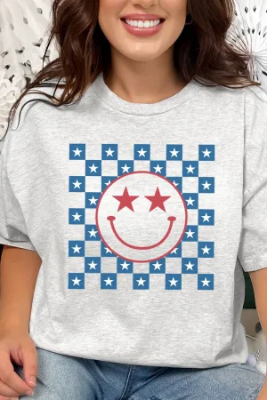 Checkered Retro Patriotic Smile Short Sleeve Relaxed Fit T-Shirt