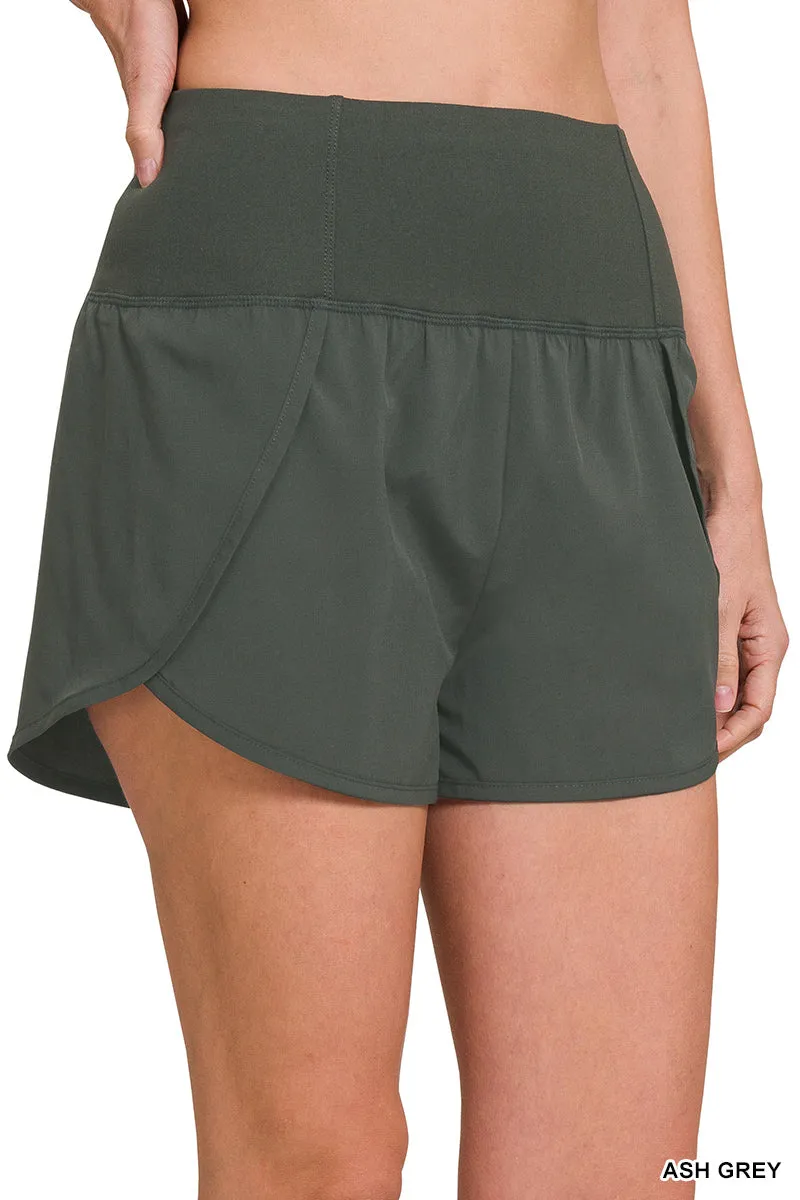 Dark Green High Waisted Zipper Back Pocket Running Shorts