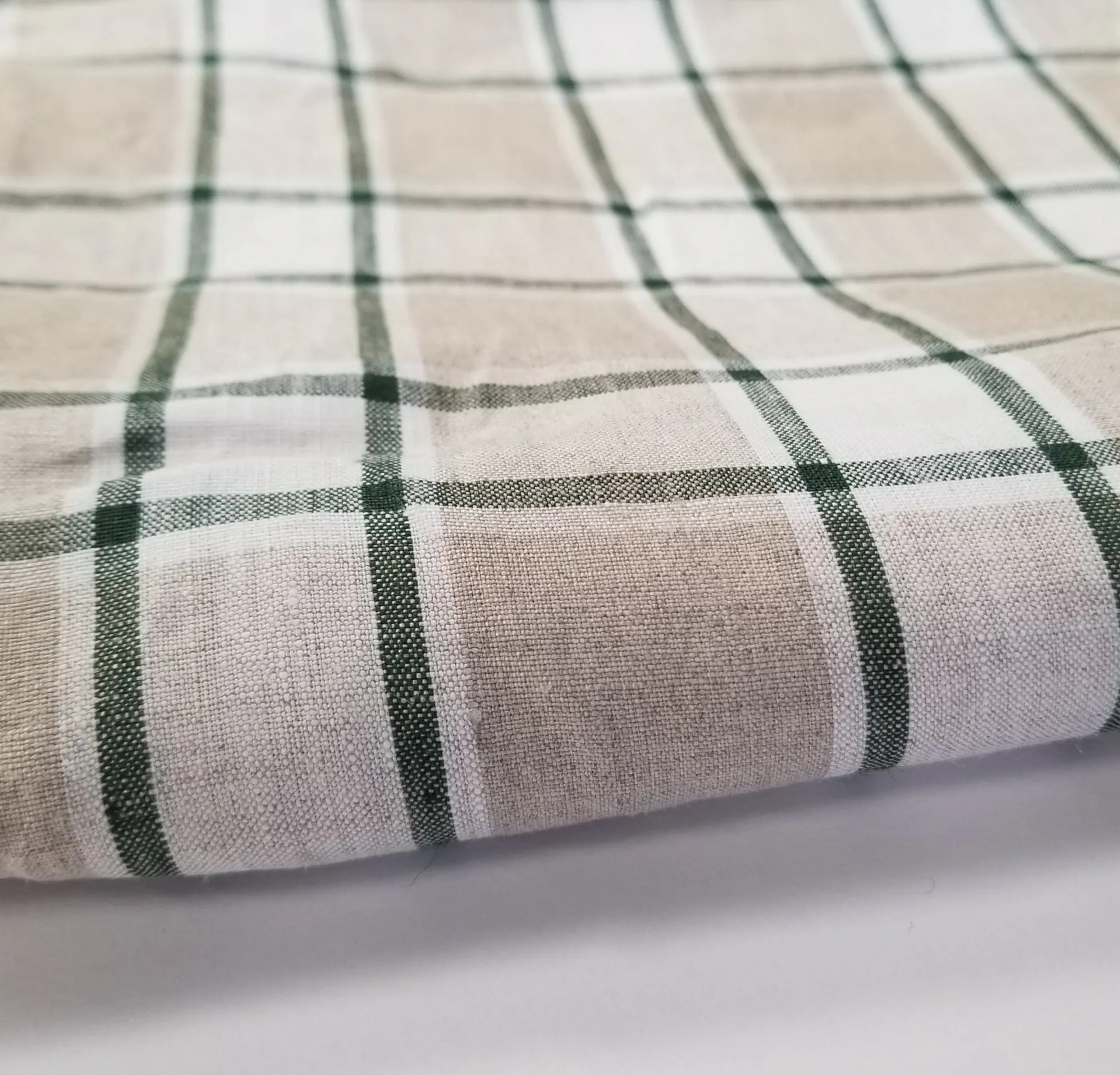 End of Bolt: 1-3/4th yards of Irish Linen Plaid Green and Tan Bryson Woven 194 GSM- remnant