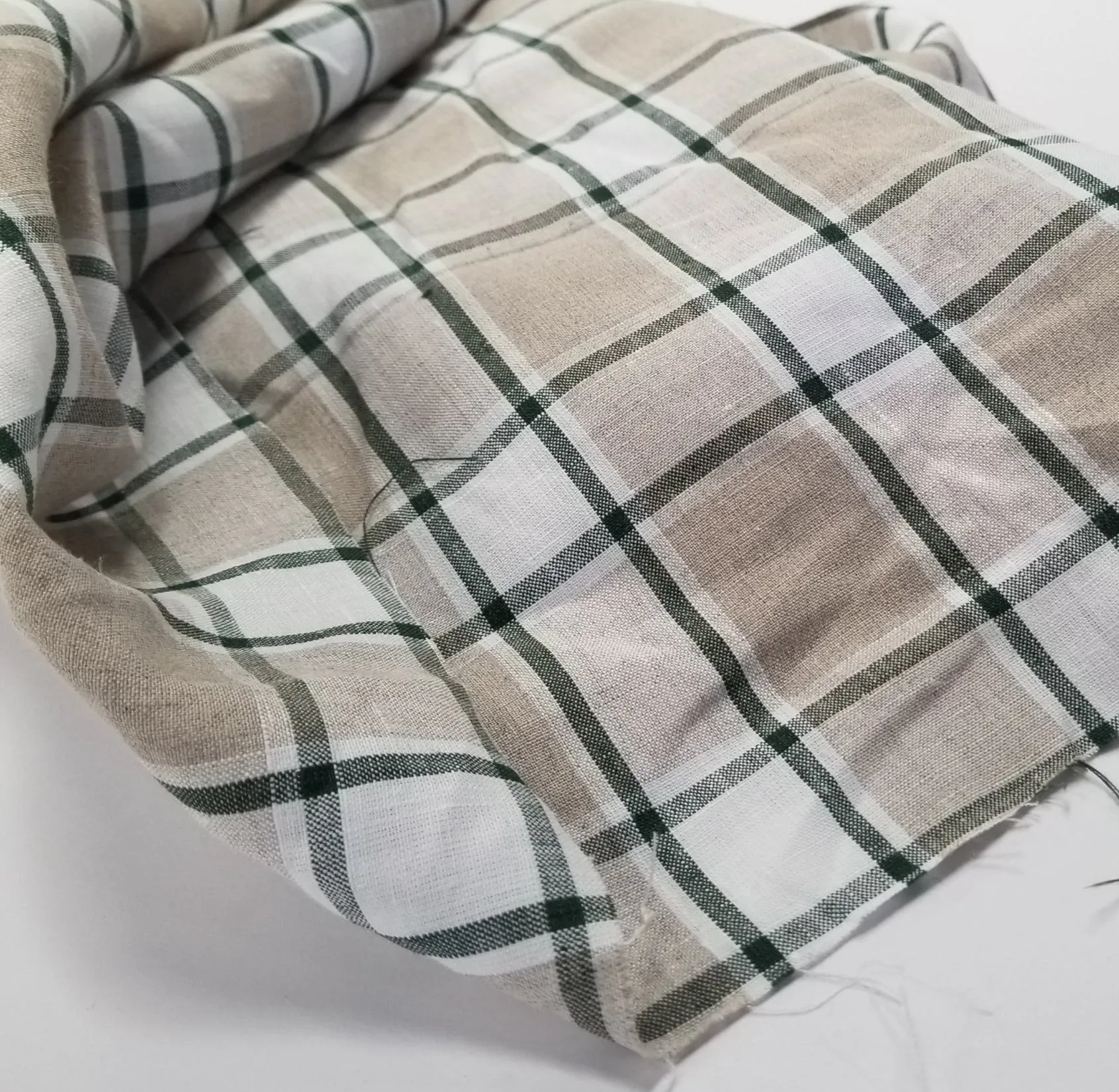 End of Bolt: 1-3/4th yards of Irish Linen Plaid Green and Tan Bryson Woven 194 GSM- remnant