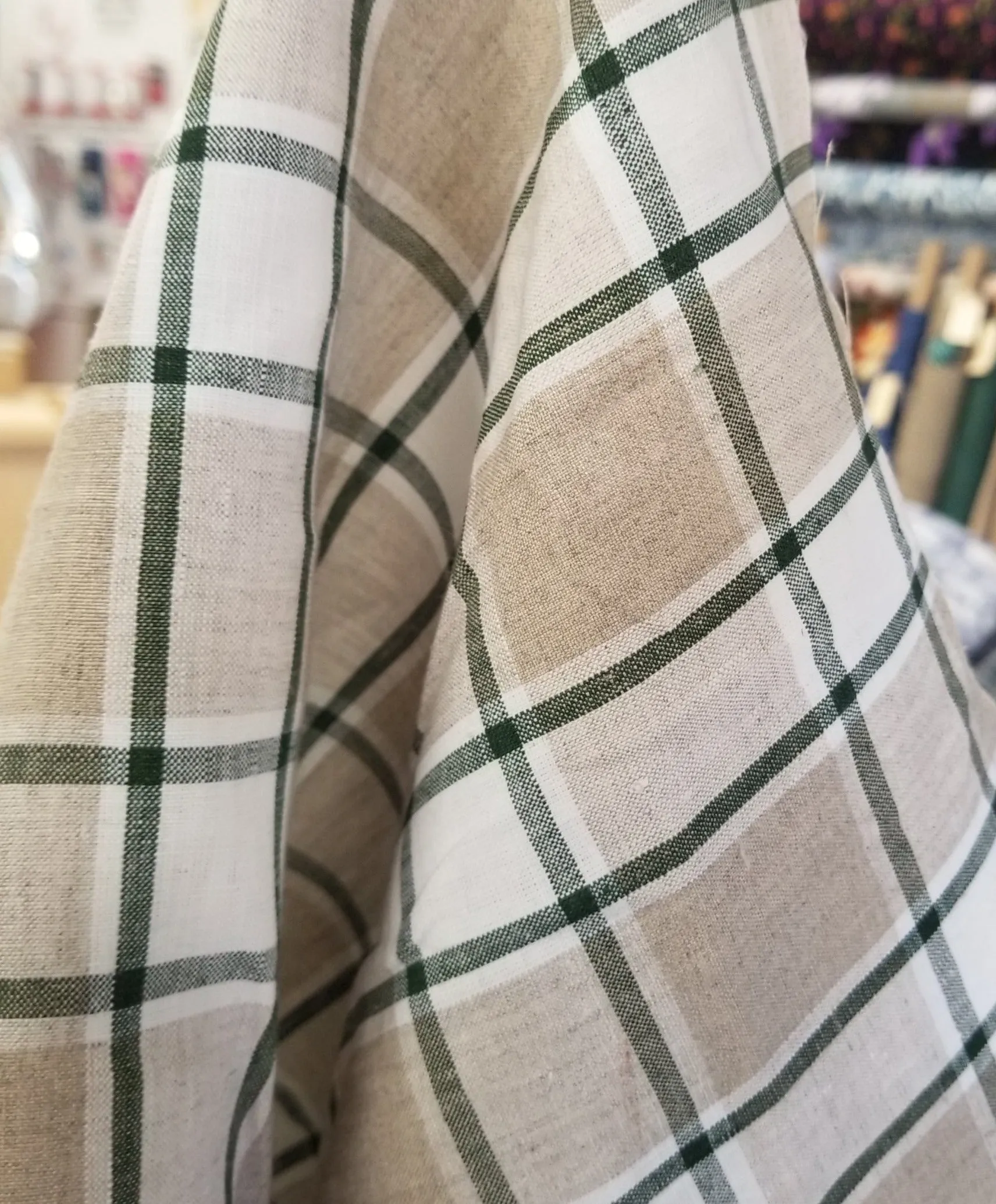 End of Bolt: 1-3/4th yards of Irish Linen Plaid Green and Tan Bryson Woven 194 GSM- remnant