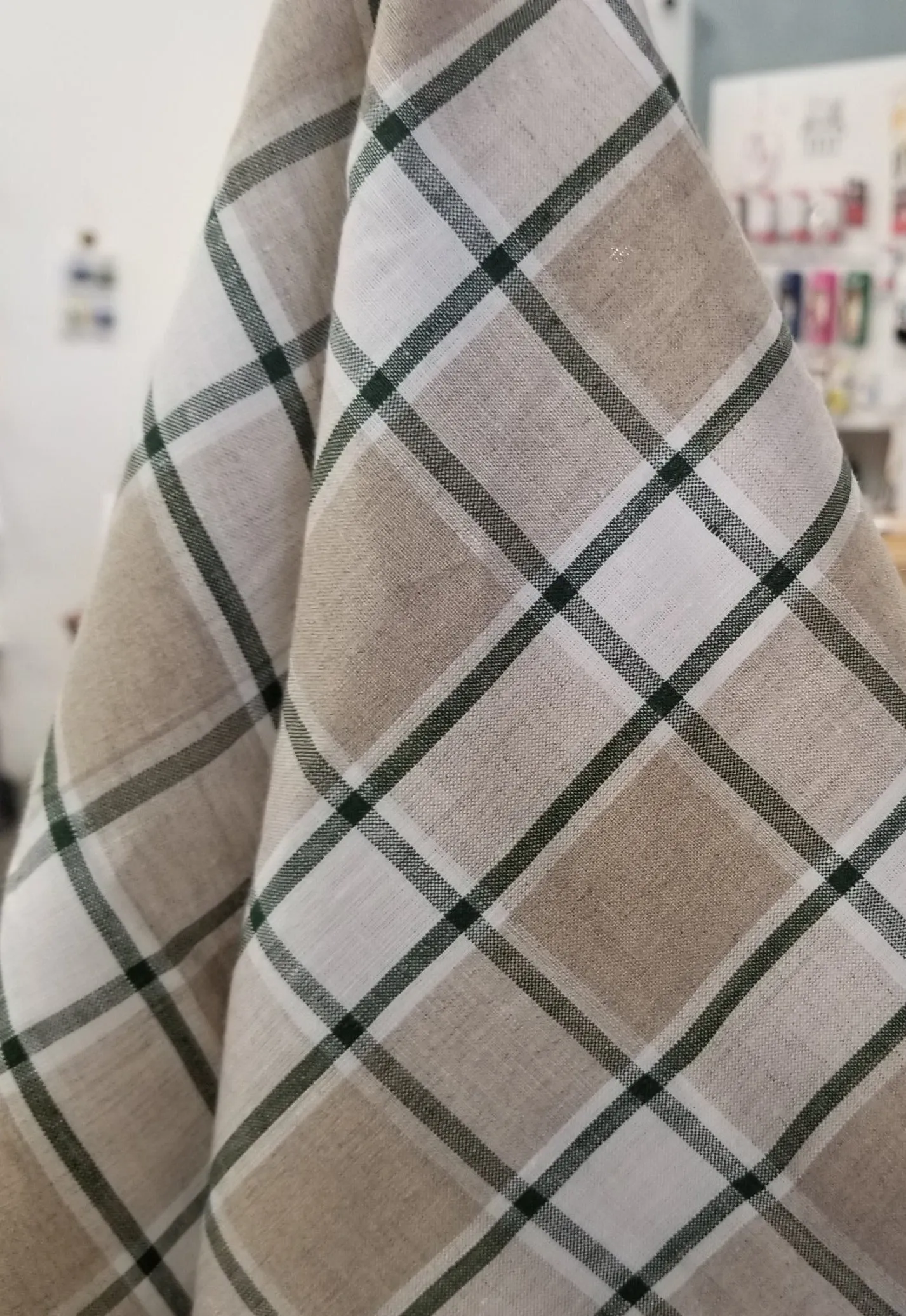 End of Bolt: 1-3/4th yards of Irish Linen Plaid Green and Tan Bryson Woven 194 GSM- remnant