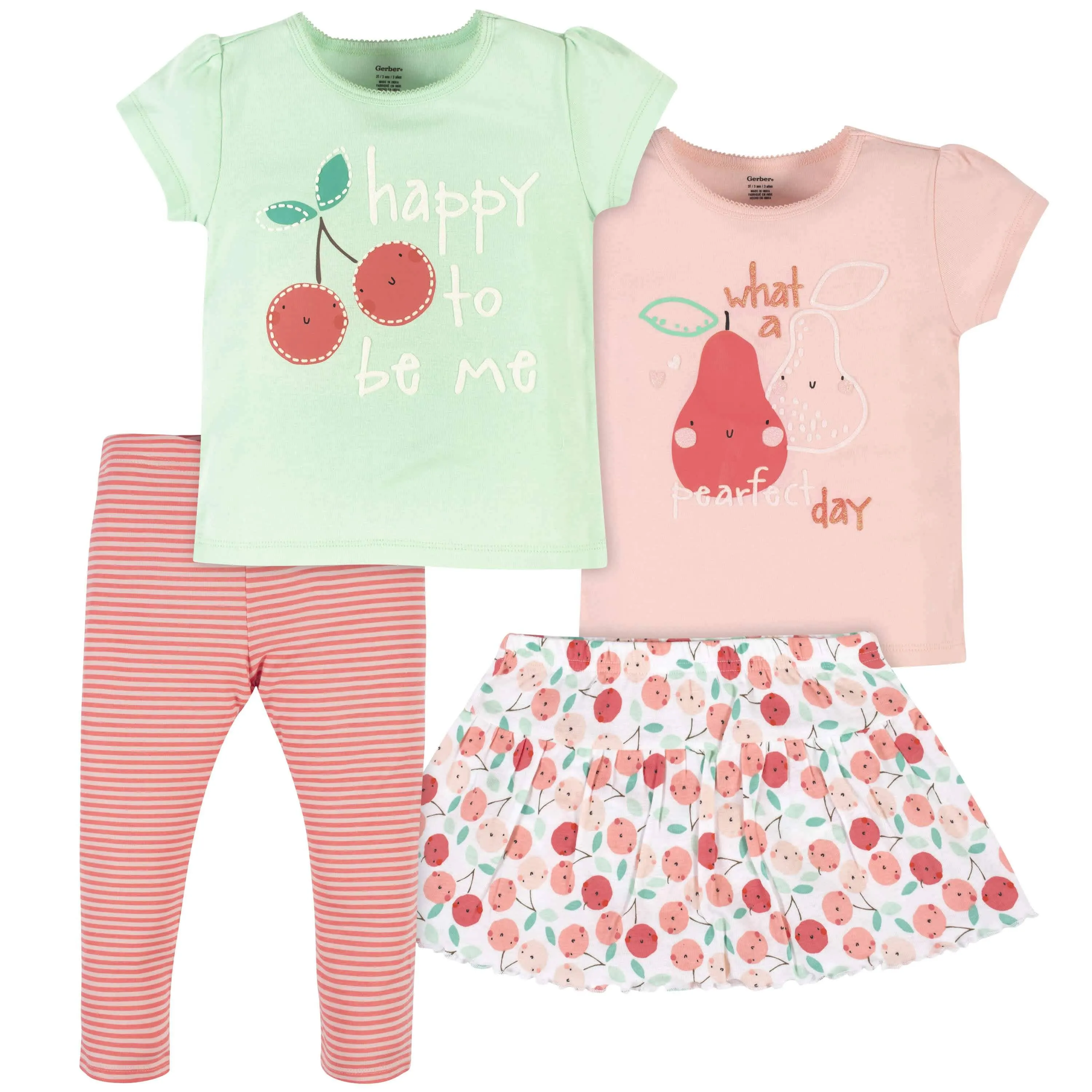 Girls 4-Piece Cherry Kisses Tees, Skort, & Pants Set