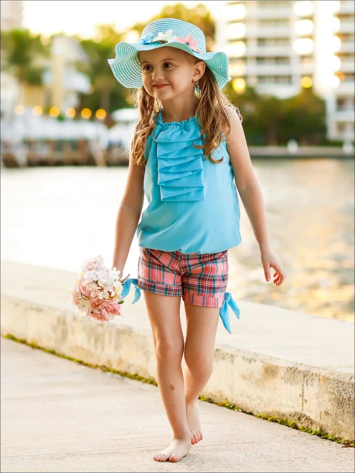 Girls Little Cutie Halter Neck Cascade Front Top And Cuffed Bow Short Set