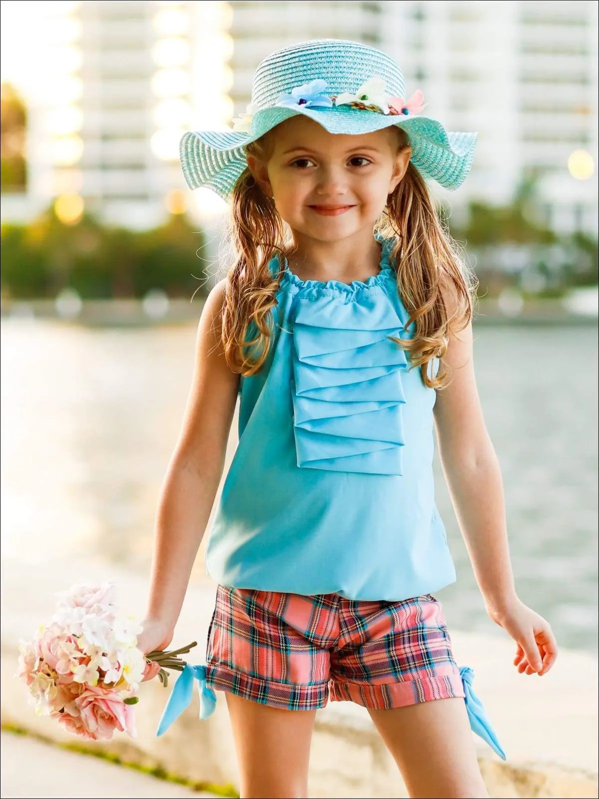 Girls Little Cutie Halter Neck Cascade Front Top And Cuffed Bow Short Set