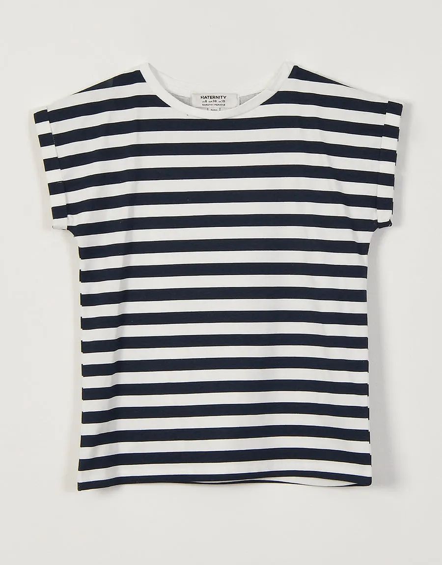 Ladies Crew Neck Roll Sleeve T-Shirt- Blue Stripe