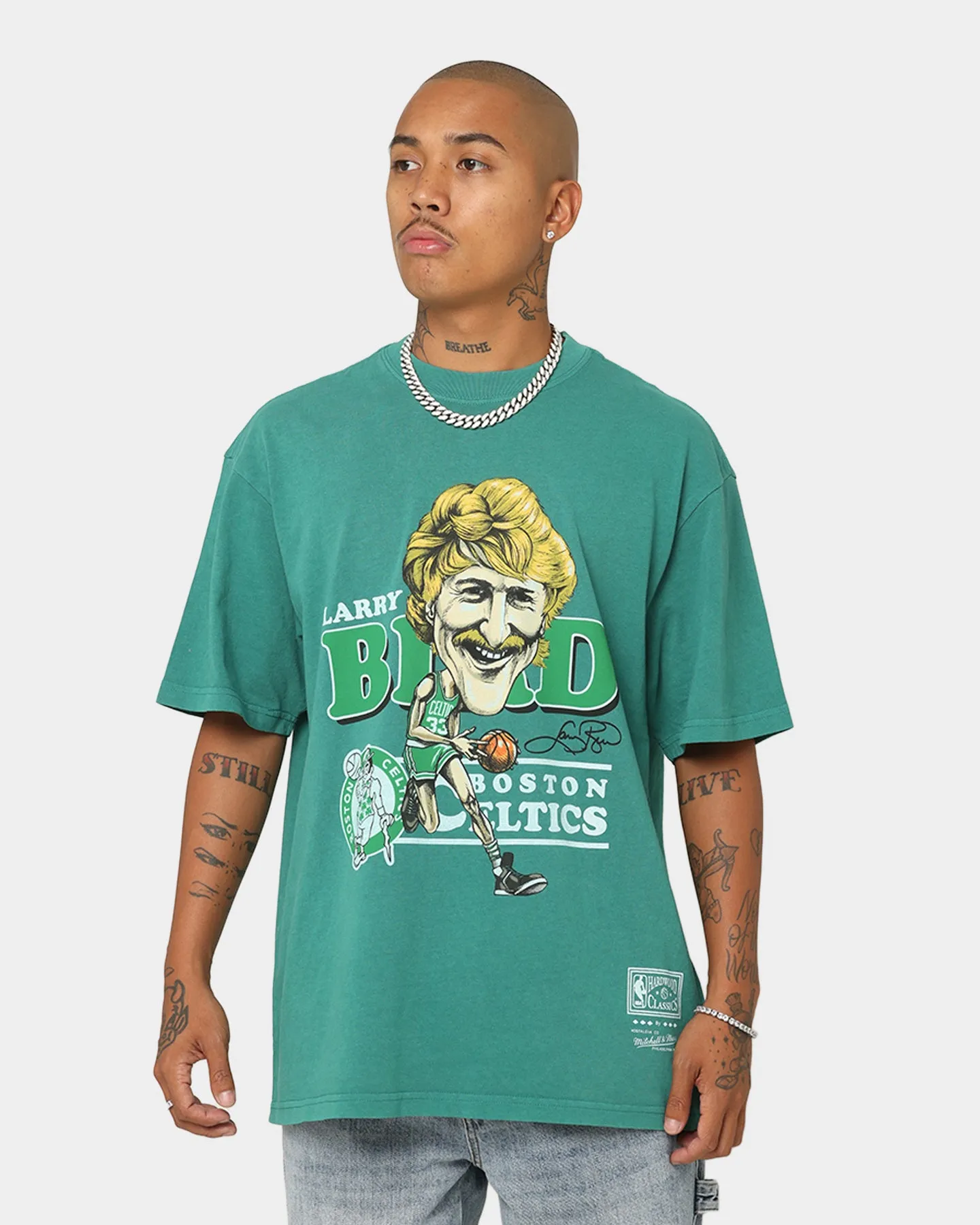 Mitchell & Ness Boston Celtics Larry Bird Caricature Vintage T-Shirt Faded Green