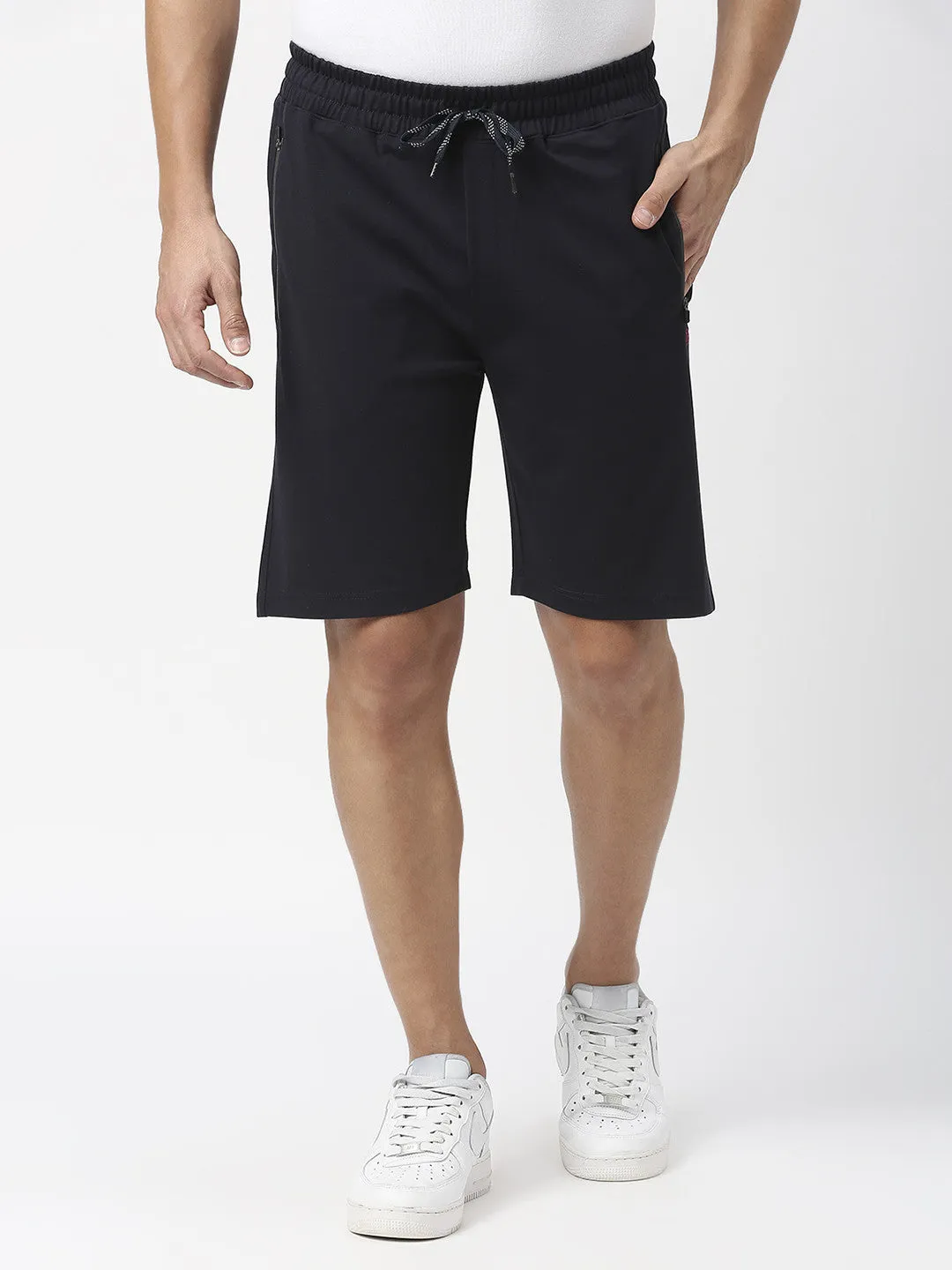 Navy Tencel Lycra Shorts With Zipped Pocket