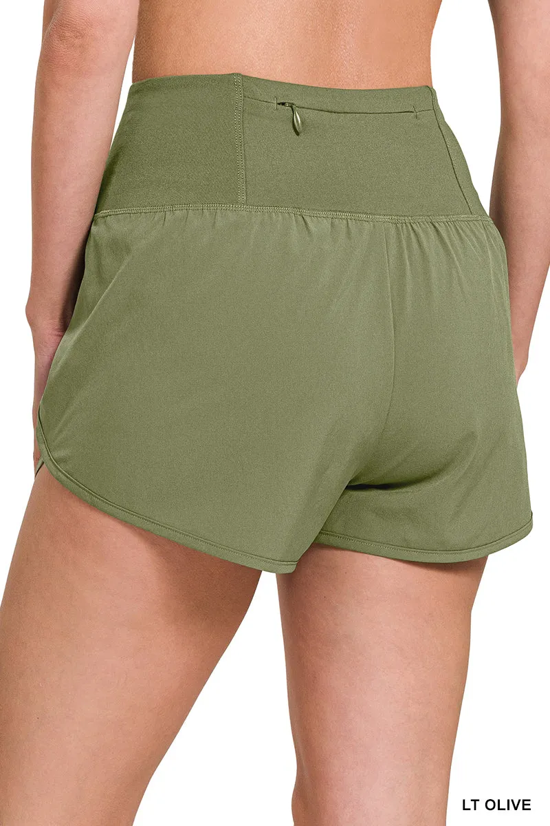 Olive High Waisted Zipper Back Pocket Running Shorts