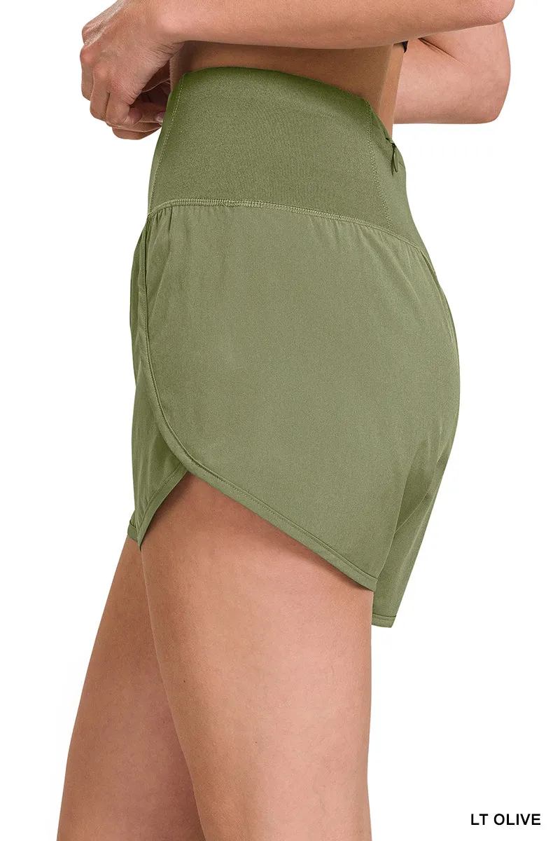 Olive High Waisted Zipper Back Pocket Running Shorts