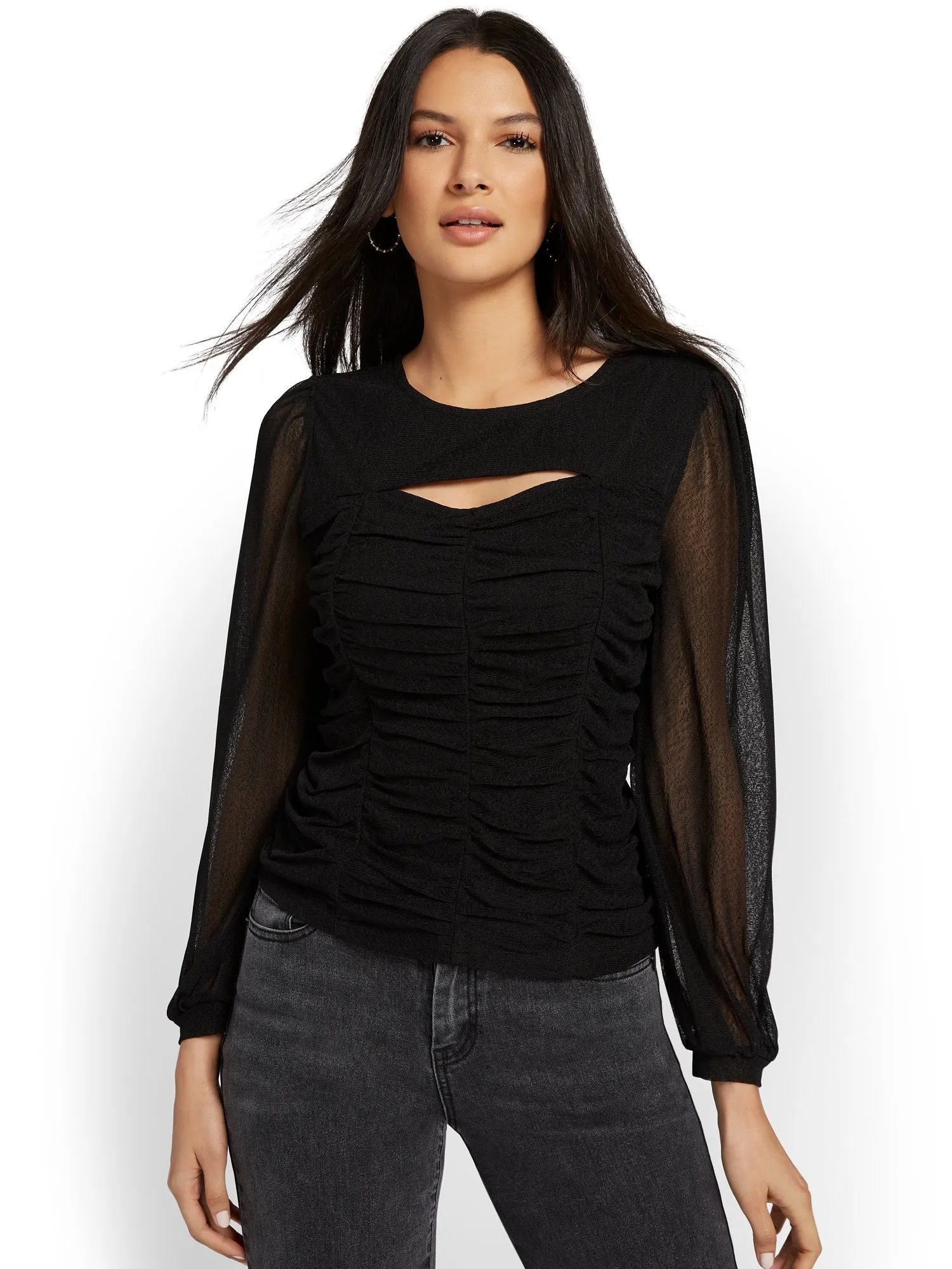 Ruched Puff-Sleeve Mesh Top