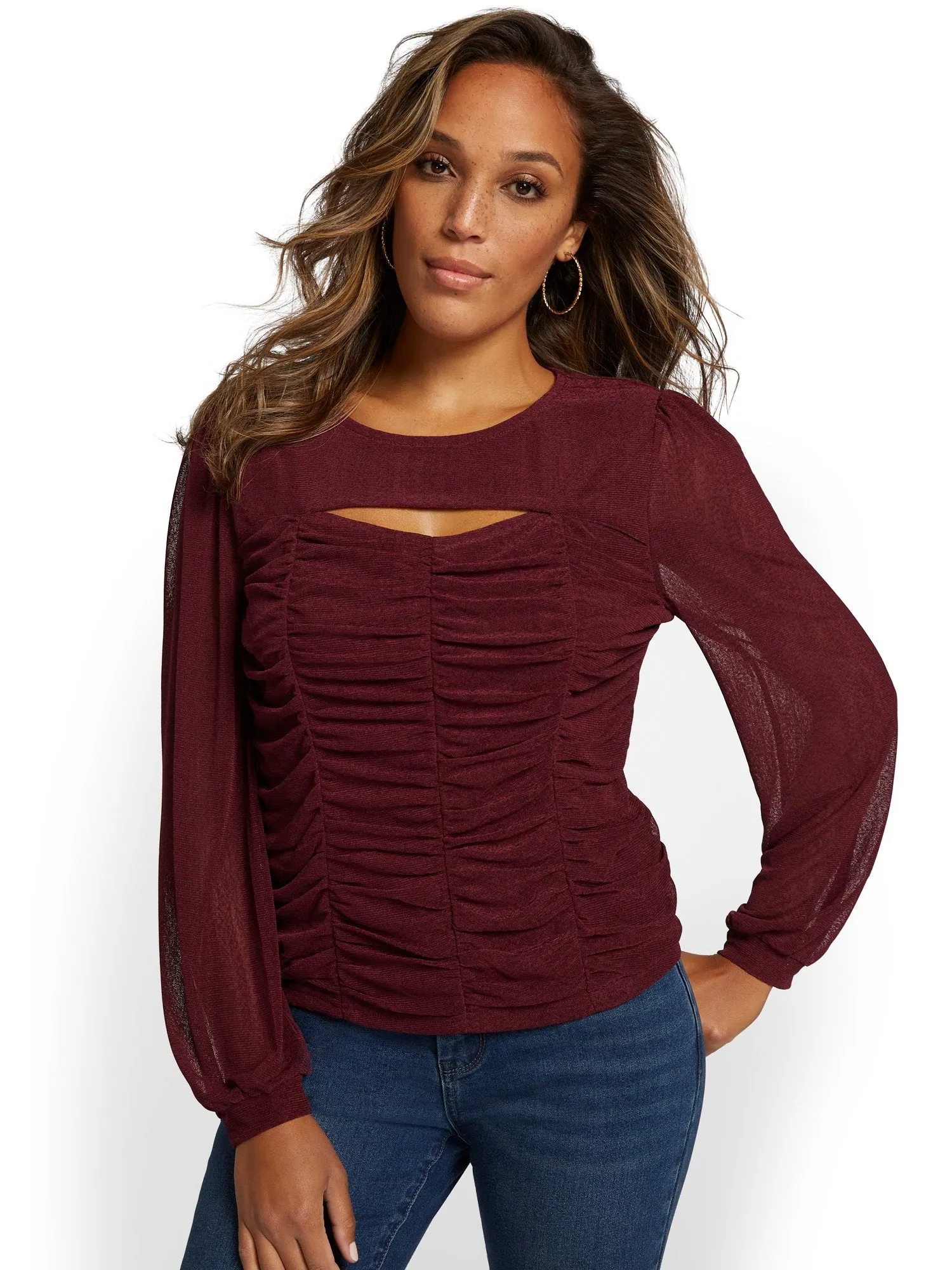 Ruched Puff-Sleeve Mesh Top