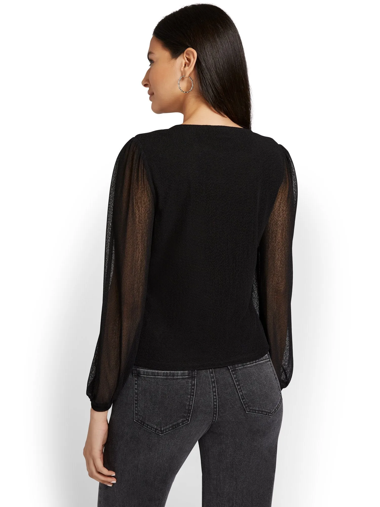 Ruched Puff-Sleeve Mesh Top