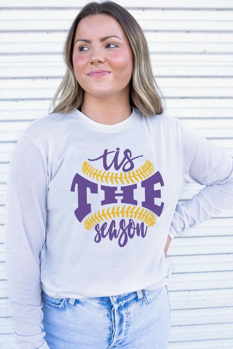 Tis The Season Baseball Purple and Gold Adult Soft-Tek Blend Long Sleeve Tee