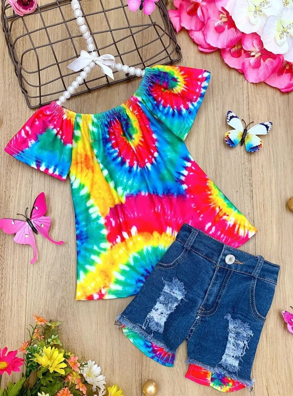 Twirl Through Spring Tie Dye Denim Shorts Set