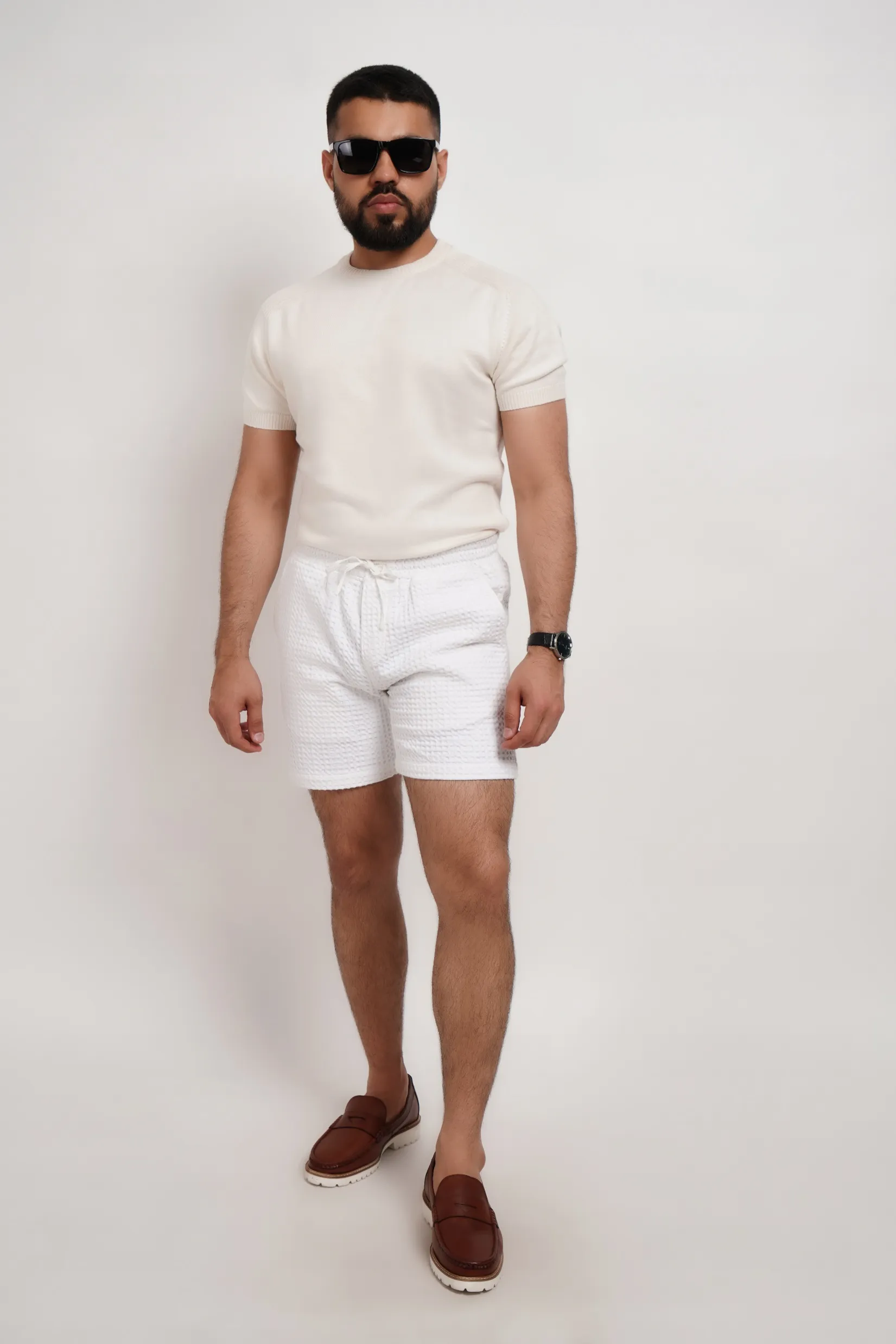 White Waffle Knit Shorts