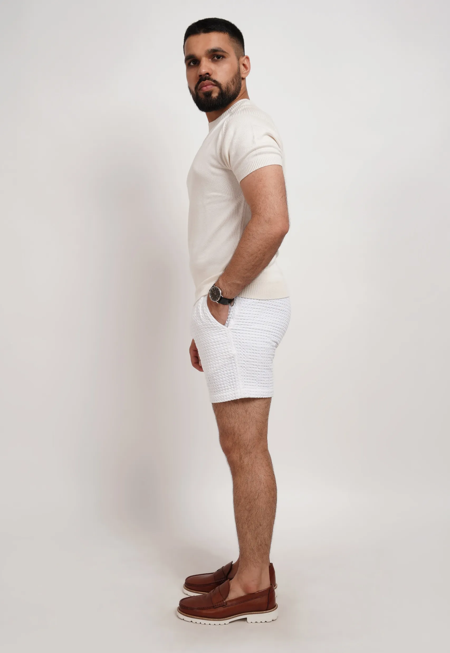 White Waffle Knit Shorts