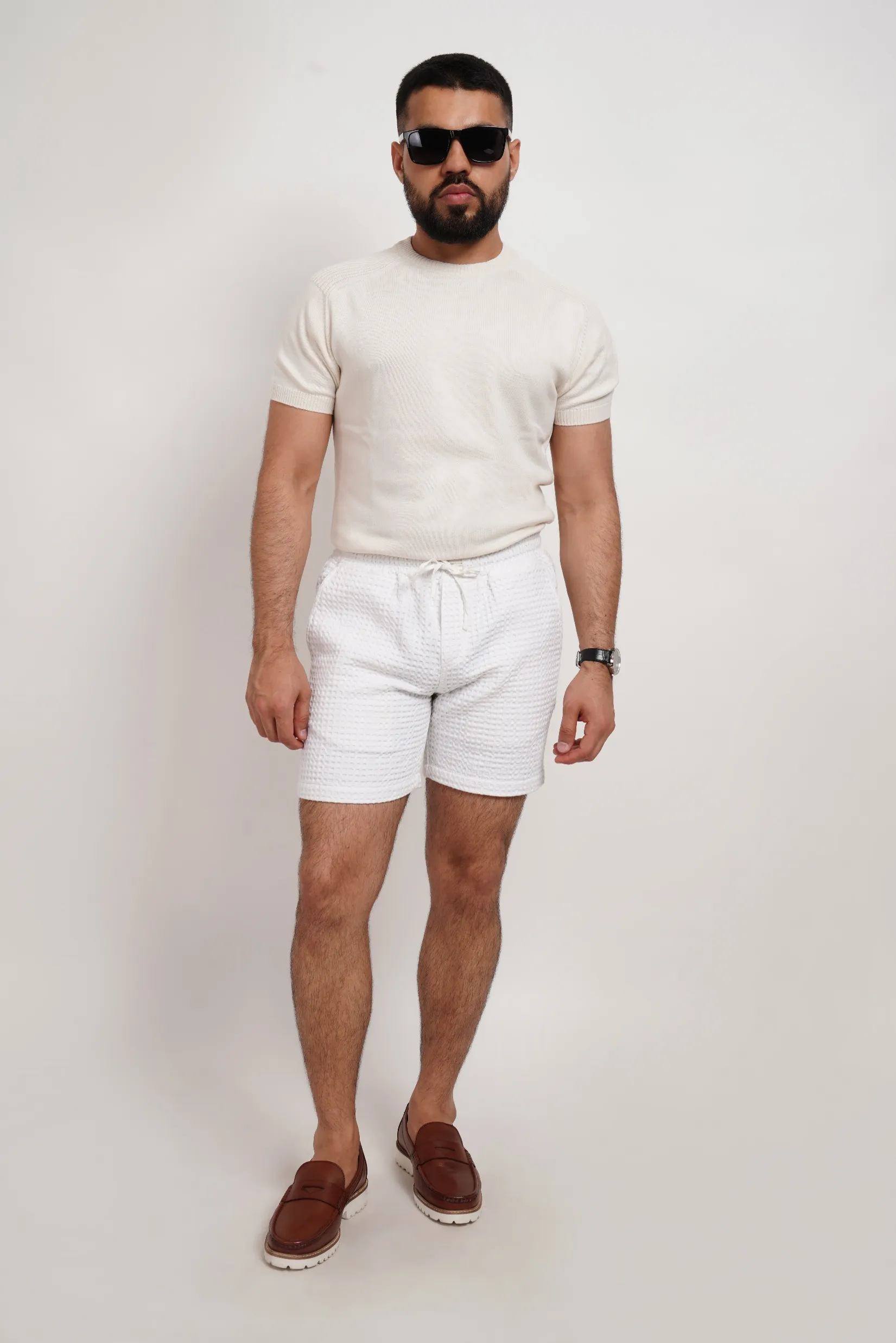 White Waffle Knit Shorts