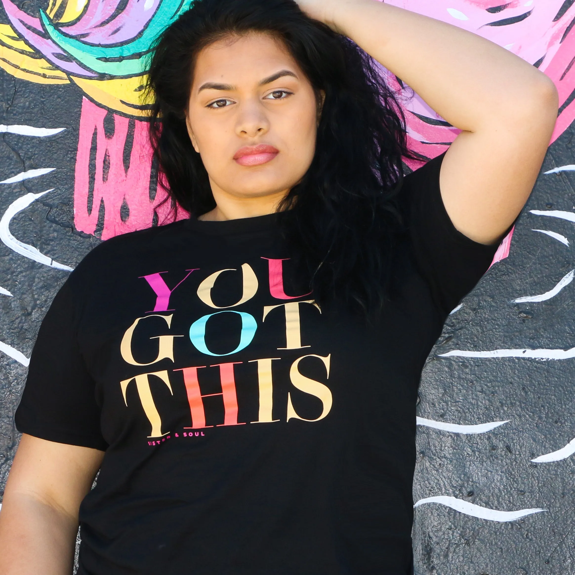 YOU GOT THIS - Plus Size Long Boxy Tee - Black with Colourful Print